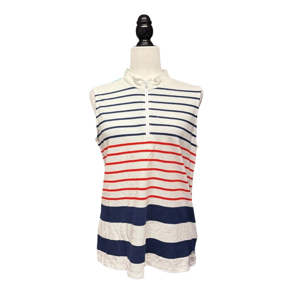 Tribal Sport Women's Sleeveless Quarter‎ Zip Striped Polo Top Fiery Red M NWT